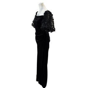BA Nites Black Velvet Evening Gown with 3D Floral Lace Sleeves – Ruched back